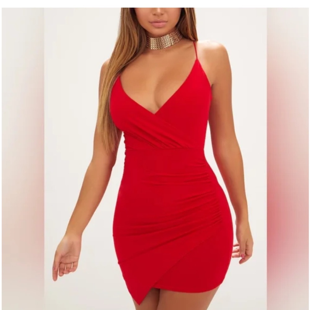 Red Slinky Wrap Strappy Bodycon Dress